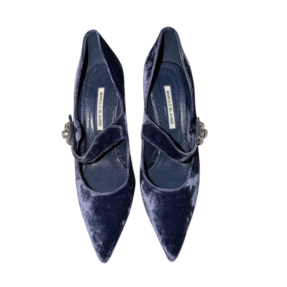 Manolo Blahnik Verna Velvet Mary Jane Pumps Crystal Brooch Size 42 Sapphire Blue - Picture 3 of 9